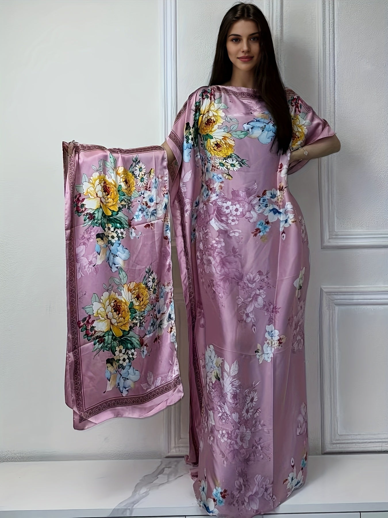 WINYI Women'S Long Kaftan Dress, Polyester 100% Crew Neck Tunic with Belt, Loose Fit All Over Print, Middle Eastern Bohemian African Style, Beach Cover Up, Elegant Evening Abaya for Dubai, Spring/Summer Collection